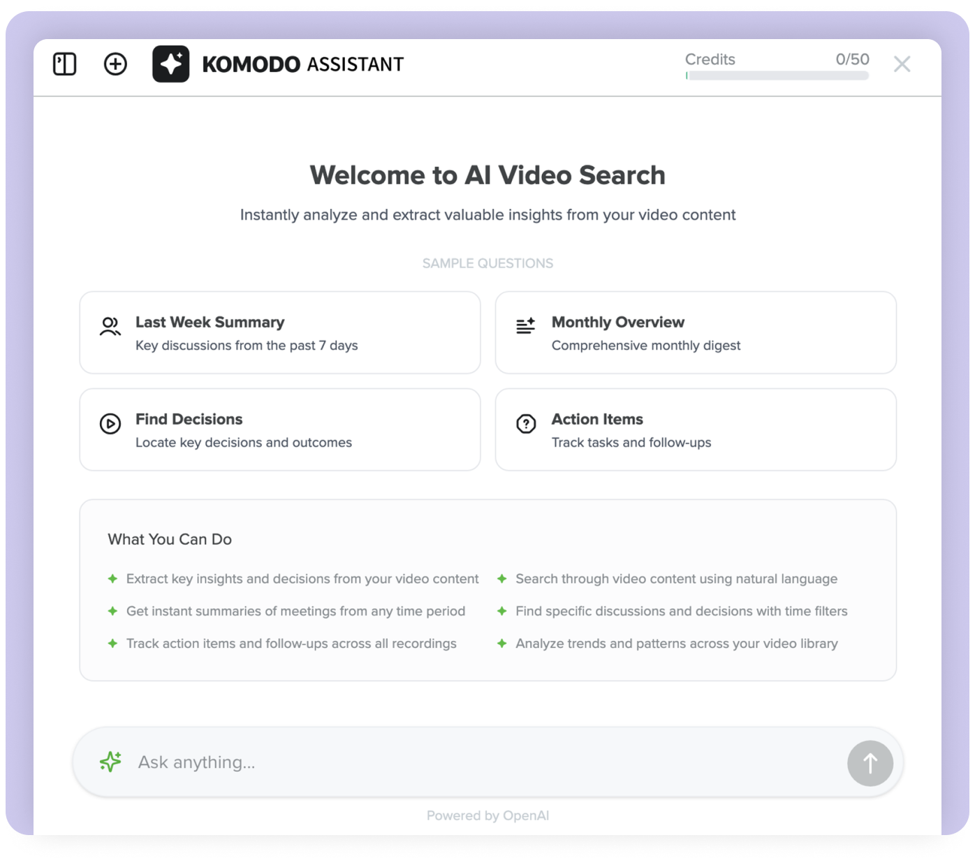 Komodo Assistant dashboard: Search and filter video library